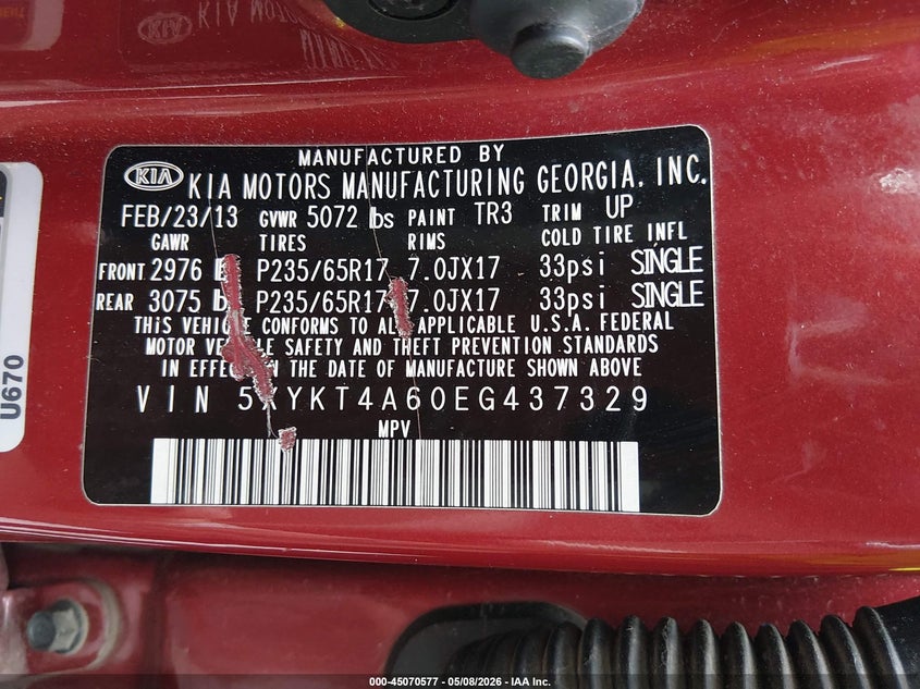 KIA SORENTO 2014 VIN 5XYKT4A60EG437329