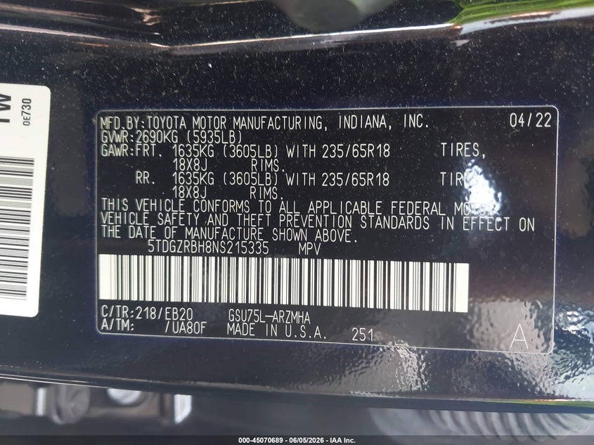 2022 TOYOTA HIGHLANDER 3.5L V-6 DI, DOHC, V(VIN: 5TDGZRBH8NS215335