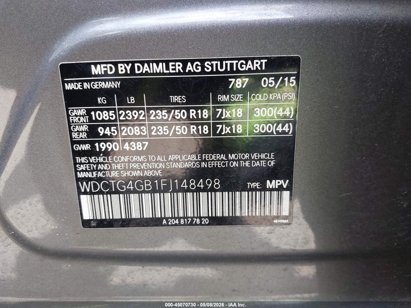 2015 Mercedes-Benz Gla 250 4Matic VIN: WDCTG4GB1FJ148498 Lot: 45070730