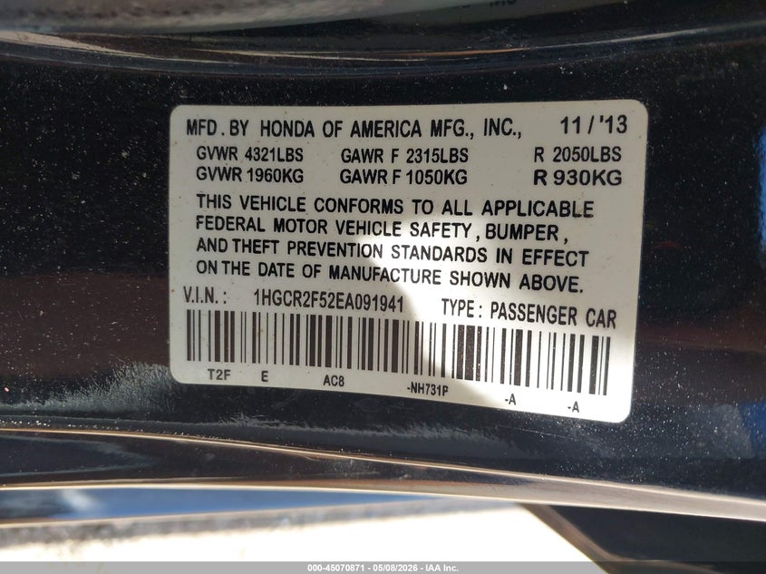 2014 HONDA ACCORD SEDAN 2.4L I-4 DI, DOHC, VVT, 189HP