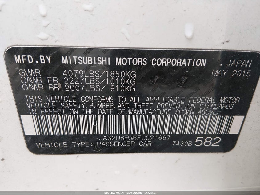 2015 Mitsubishi Lancer Gt VIN: JA32U8FW6FU021667 Lot: 45070881