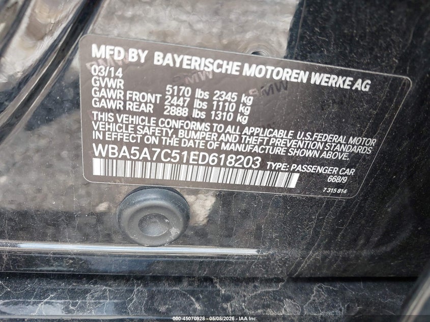 BMW 528I 2014 VIN WBA5A7C51ED618203