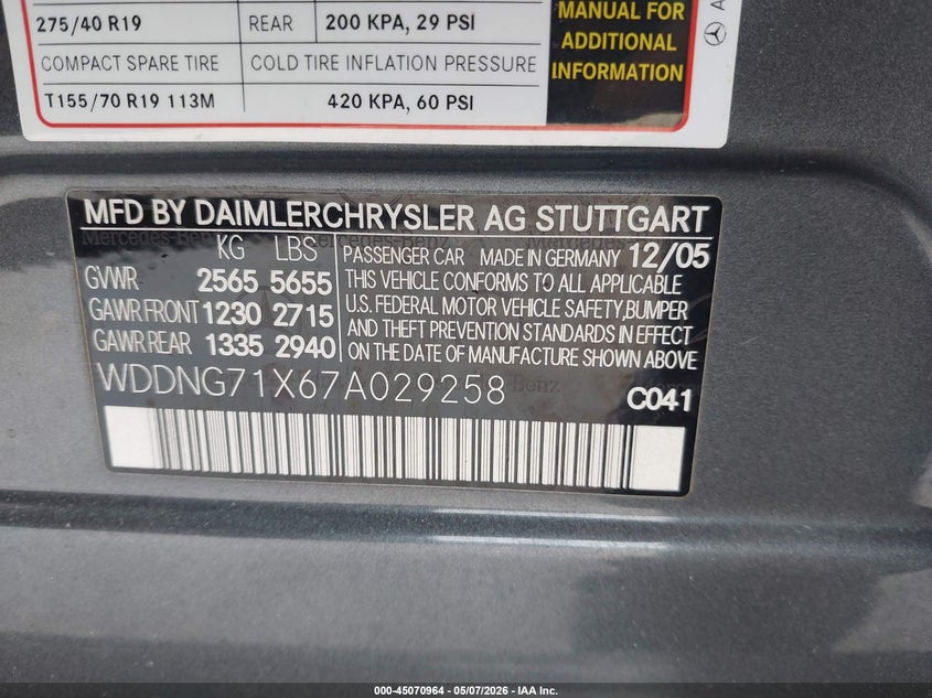 2007 Mercedes-Benz S 550 VIN: WDDNG71X67A029258 Lot: 45070964