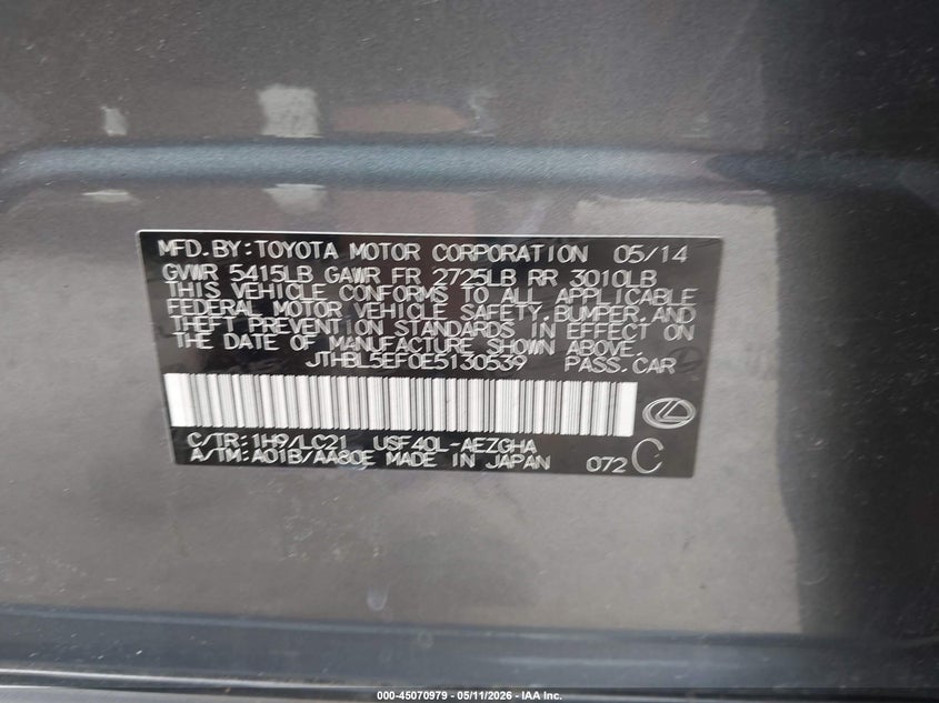 2014 Lexus Ls 460 VIN: JTHBL5EF0E5130539 Lot: 45070979