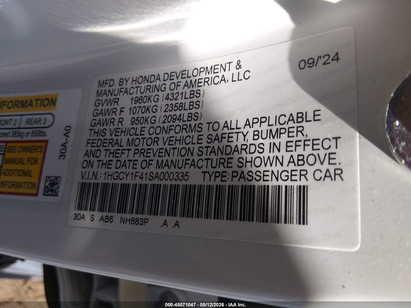VIN 1HGCY1F41SA000335 2025 HONDA ACCORD SE