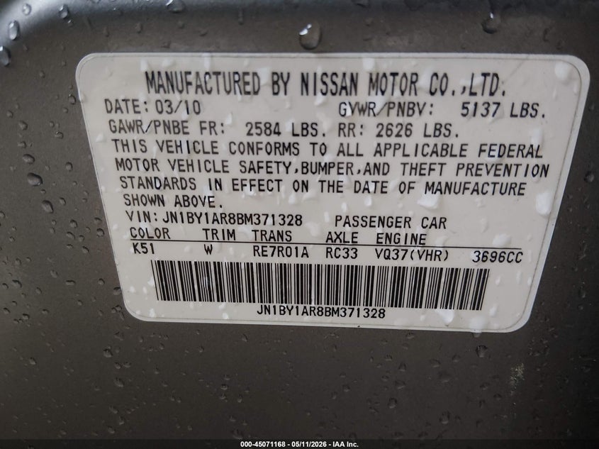 2011 Infiniti M37X VIN: JN1BY1AR8BM371328 Lot: 45071168