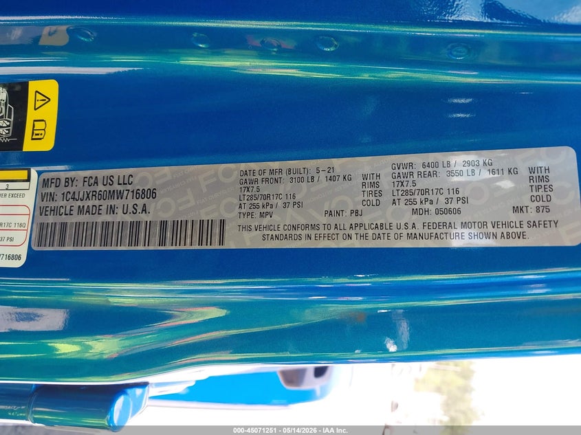 2021 Jeep Wrangler 4Xe Unlimited Rubicon 4X4 VIN: 1C4JJXR60MW716806 Lot: 45071251