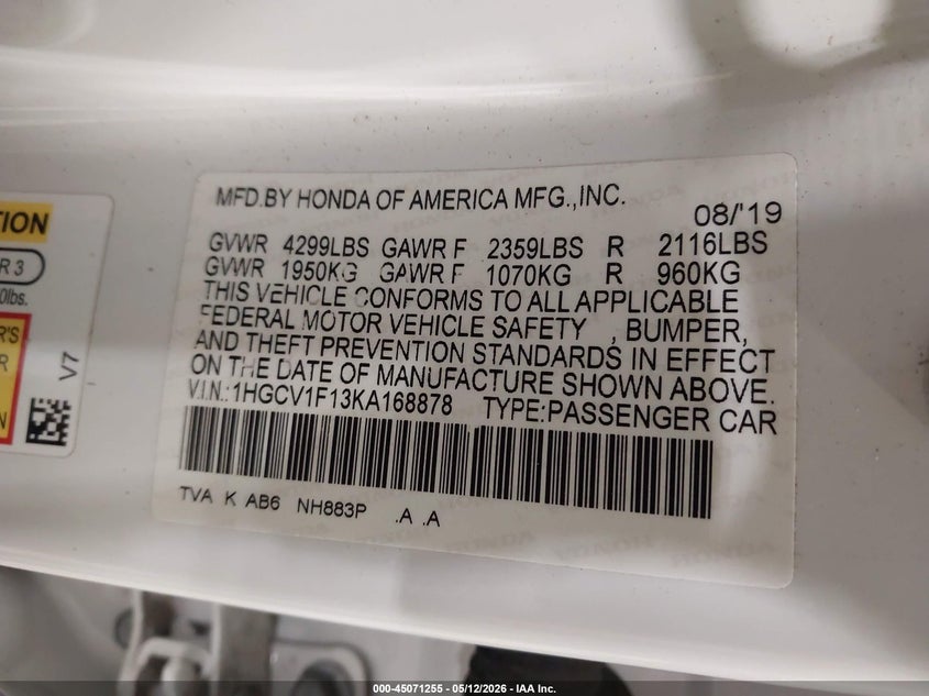 VIN 1HGCV1F13KA168878 2019 HONDA ACCORD LX