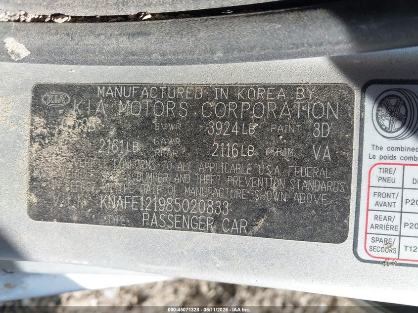 2008 Kia Spectra Sx VIN: KNAFE121985020833 Lot: 45071328
