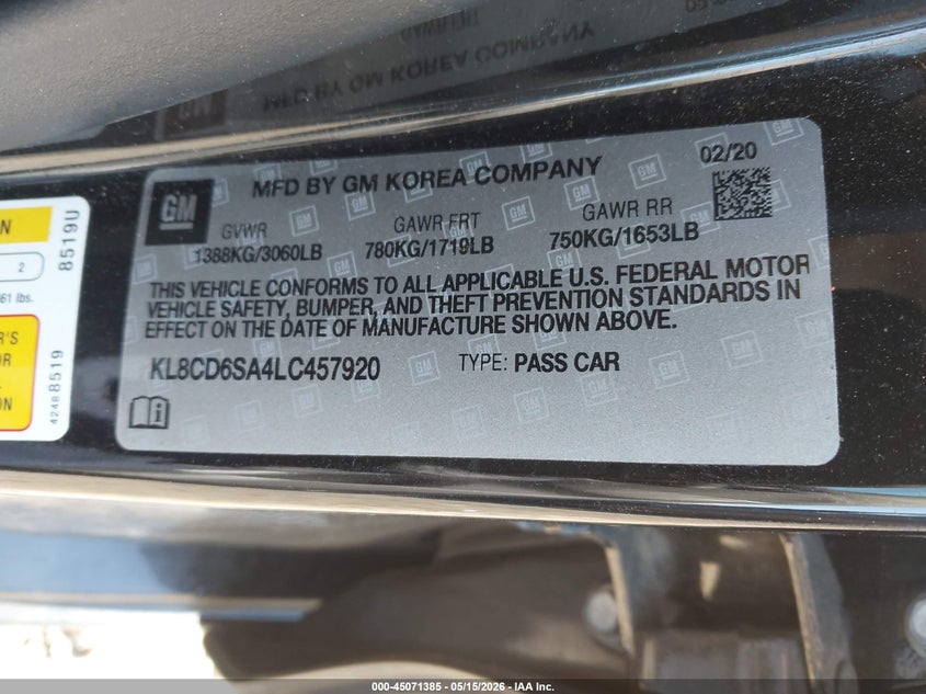 2020 CHEVROLET SPARK HATCHBACK 1.4L I-4 DOHC, VVT, 98HP