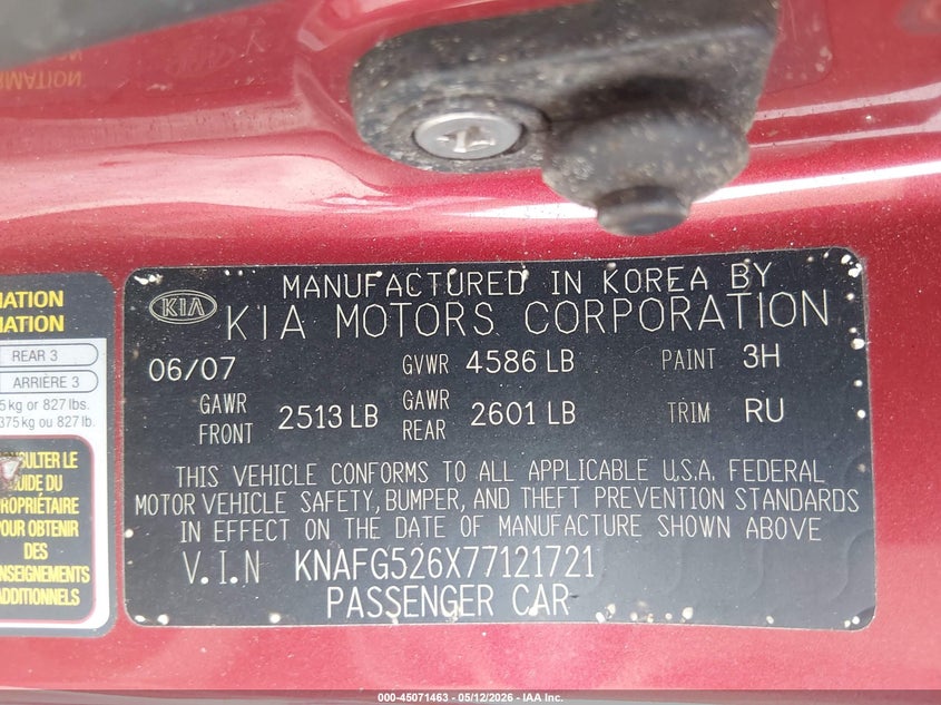 2007 Kia Rondo Ex V6 VIN: KNAFG526X77121721 Lot: 45071463