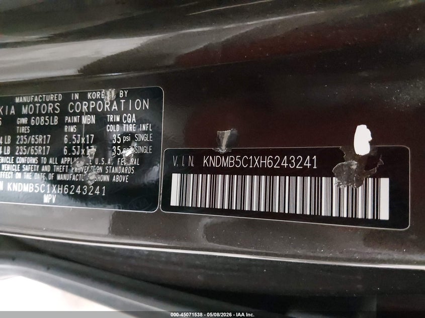 VIN KNDMB5C1XH6243241 2017 KIA SEDONA LX