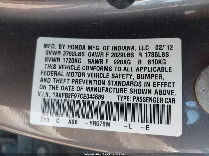 2012 Honda Civic 1.8 Ex-L grey Lot 111045071586 Vin 19XFB2F97CE044689