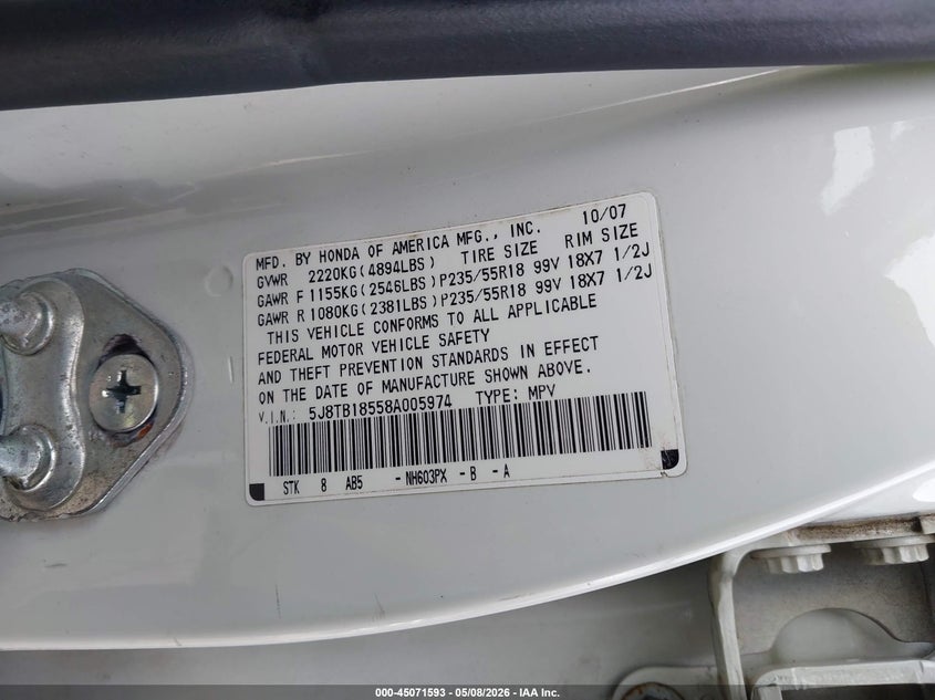2008 Acura Rdx VIN: 5J8TB18558A005974 Lot: 45071593