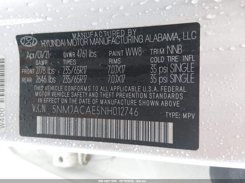 VIN 5NMJACAE5NH012746 2022 HYUNDAI TUCSON SE