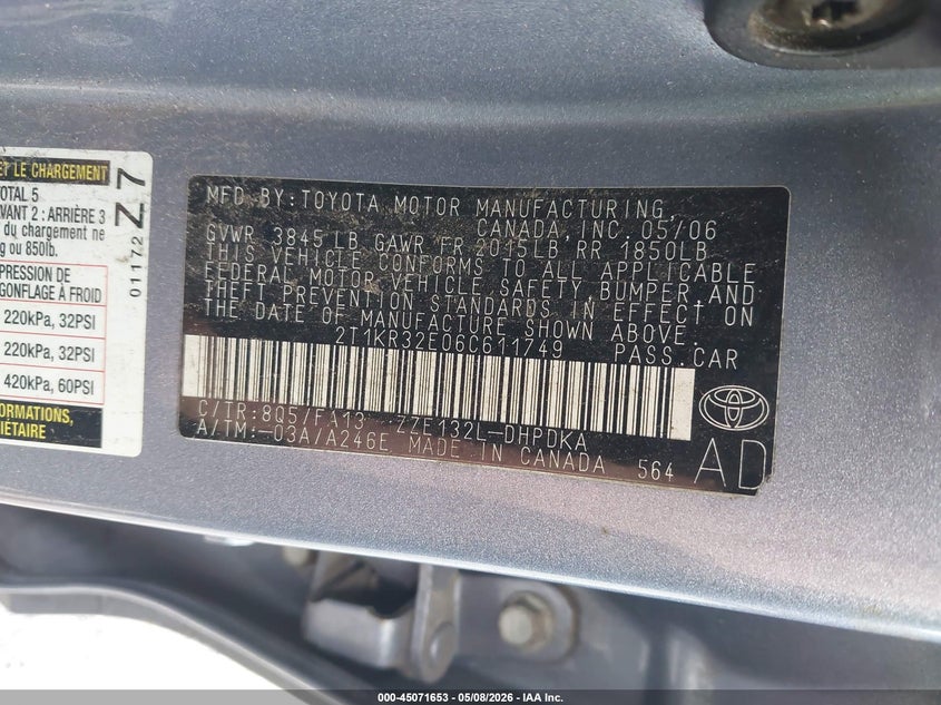 2006 Toyota Matrix VIN: 2T1KR32E06C611749 Lot: 45071653