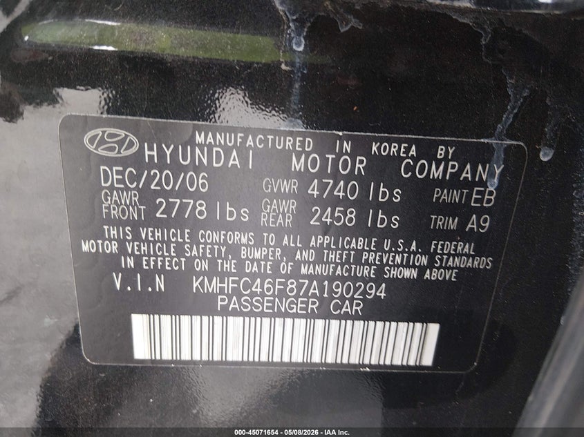 2007 Hyundai Azera Limited/Se VIN: KMHFC46F87A190294 Lot: 45071654