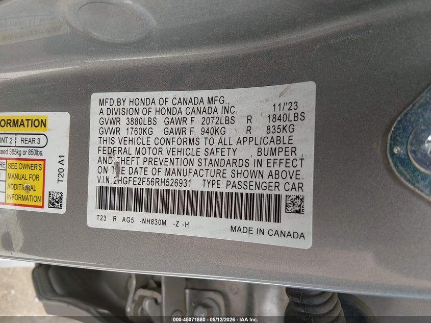 VIN 2HGFE2F56RH526931 2024 HONDA CIVIC SPORT