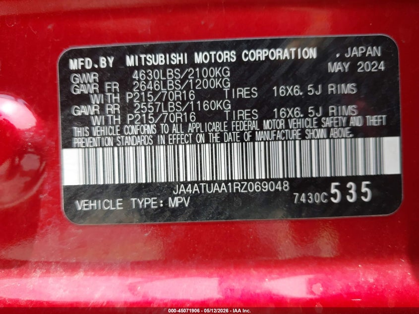2024 Mitsubishi Eclipse Cross Es S-Awc VIN: JA4ATUAA1RZ069048 Lot: 45071906