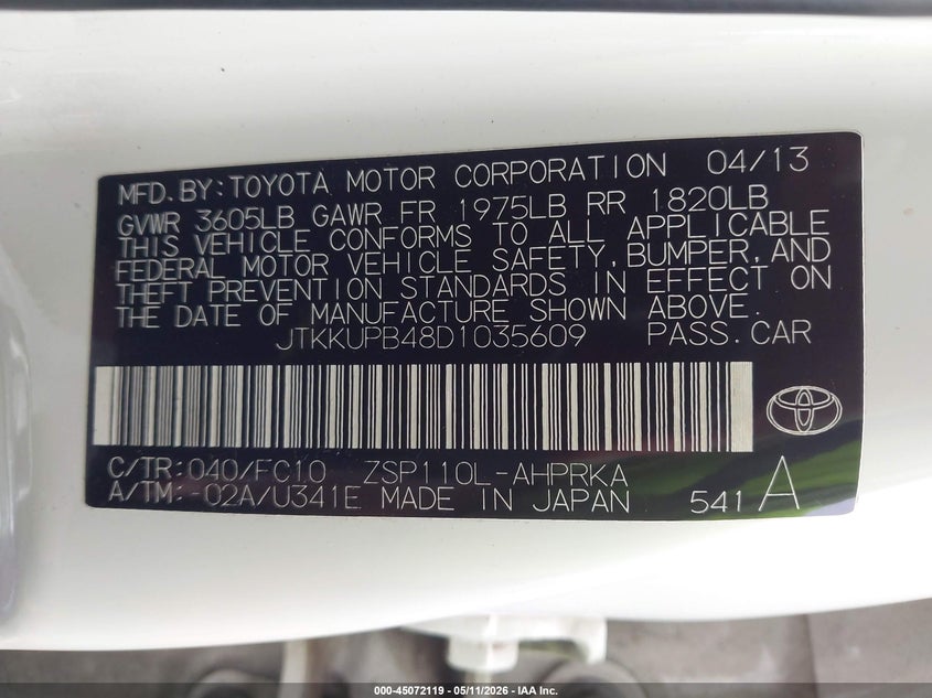 2013 Scion Xd VIN: JTKKUPB48D1035609 Lot: 45072119
