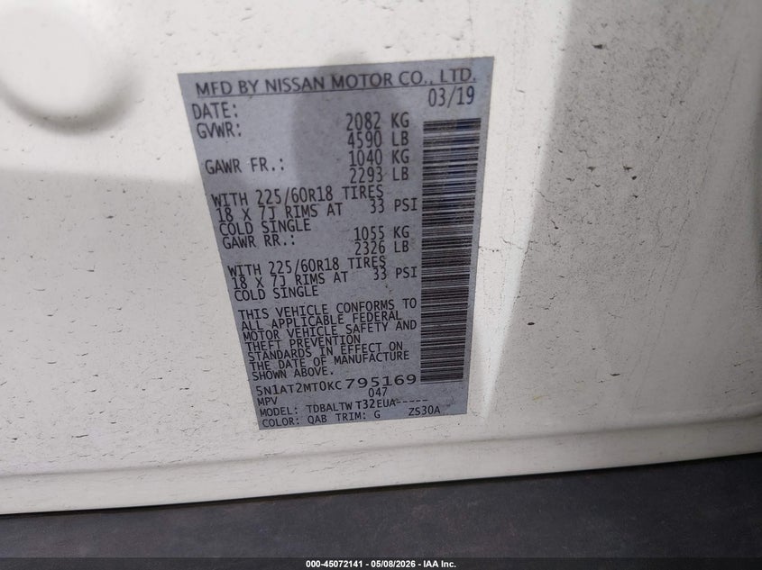 VIN 5N1AT2MT0KC795169 2019 NISSAN ROGUE SV