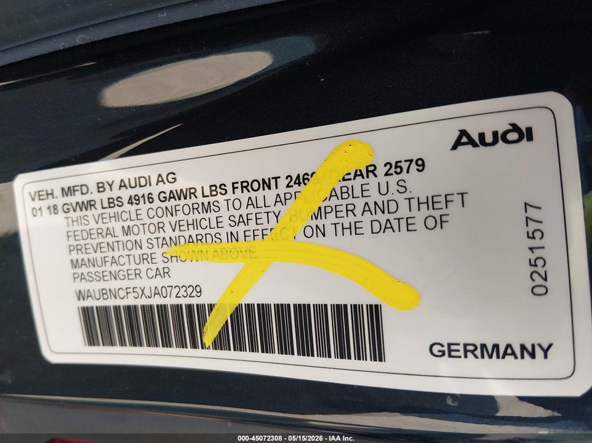2018 Audi A5 2.0T Premium VIN: WAUBNCF5XJA072329 Lot: 45072308