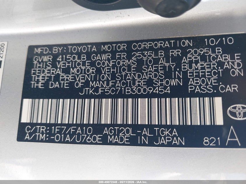 2011 Scion Tc VIN: JTKJF5C71B3009454 Lot: 45072348