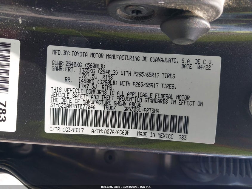 VIN 3TYCZ5AN7NT077046 2022 TOYOTA TACOMA TRD SPORT
