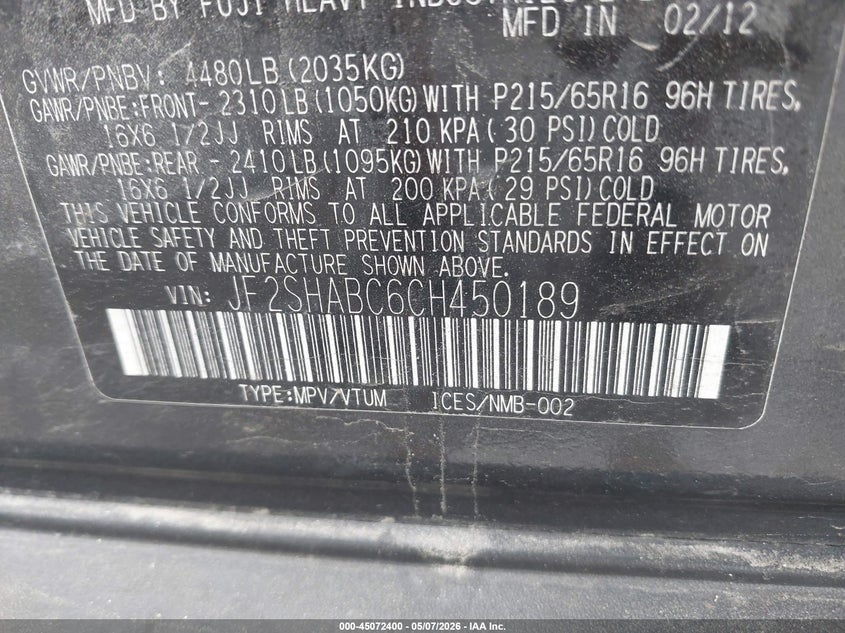 2012 Subaru Forester 2.5 2.5x Black Lot 111045072400 Vin JF2SHABC6CH450189