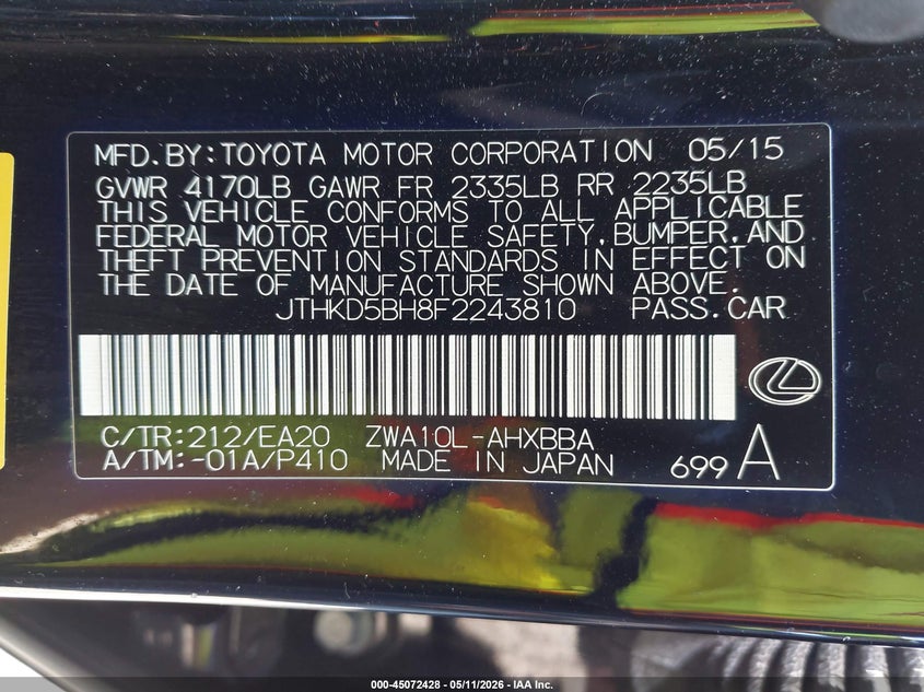 2015 Lexus Ct 200H VIN: JTHKD5BH8F2243810 Lot: 45072428