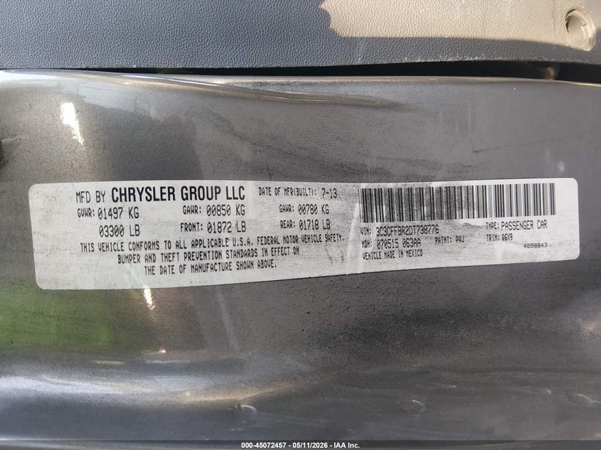 2013 Fiat 500 Sport VIN: 3C3CFFBR2DT738776 Lot: 45072457
