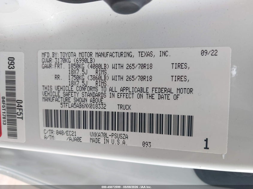2022 Toyota Tundra Sr5 VIN: 5TFLA5AB6NX018332 Lot: 45072599