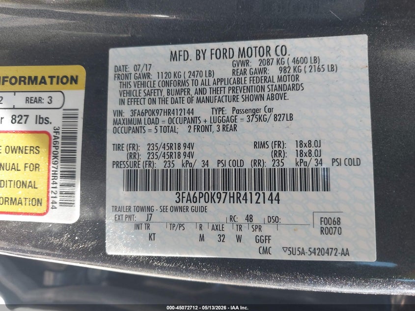 2017 FORD FUSION SEDAN 2.0L I-4 DI, DOHC, VVT, TURBO, 231HP