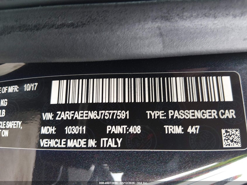 2018 Alfa Romeo Giulia Ti Sport Awd VIN: ZARFAEEN6J7577591 Lot: 45072896