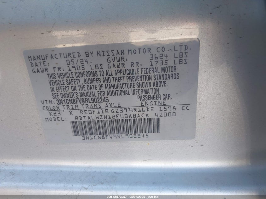 NISSAN VERSA 2024 VIN 3N1CN8FV9RL902245