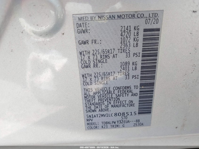 VIN 5N1AT2MV1LC808515 2020 NISSAN ROGUE S INTELLIGENT AWD