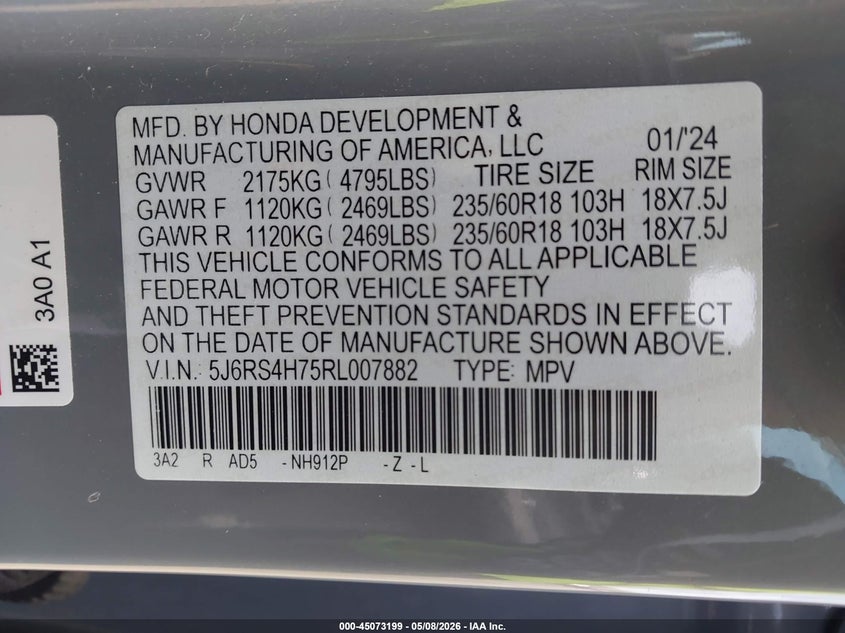 2024 HONDA CR-V 1.5L I-4 DI, DOHC, V(VIN: 5J6RS4H75RL007882