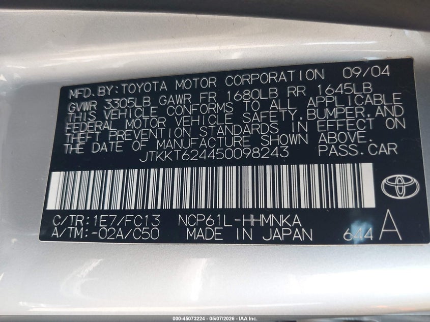 2005 Scion Xa VIN: JTKKT624450098243 Lot: 45073224