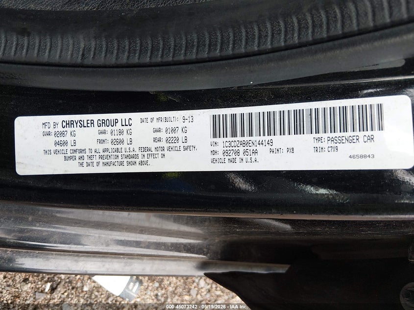 2014 Dodge Avenger Se VIN: 1C3CDZAB0EN144149 Lot: 45073242