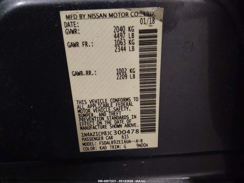 2018 Nissan Leaf S VIN: 1N4AZ1CP8JC300478 Lot: 45073321