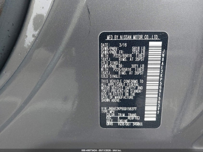 2016 Nissan Quest Platinum/S/Sl/Sv VIN: JN8AE2KP5G9156377 Lot: 45073424