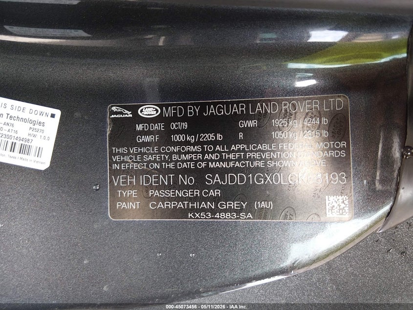 2020 Jaguar F-Type Checkered Flag Rwd Automatic/P300 Rwd Automatic VIN: SAJDD1GX0LCK68193 Lot: 45073456
