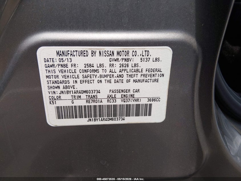 2013 Infiniti M37X VIN: JN1BY1AR4DM603734 Lot: 45073535