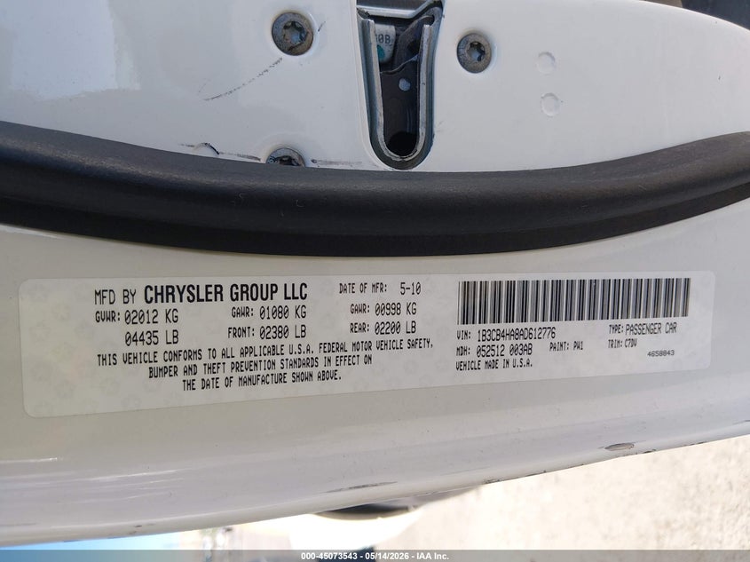 2010 Dodge Caliber Sxt VIN: 1B3CB4HA8AD612776 Lot: 45073543
