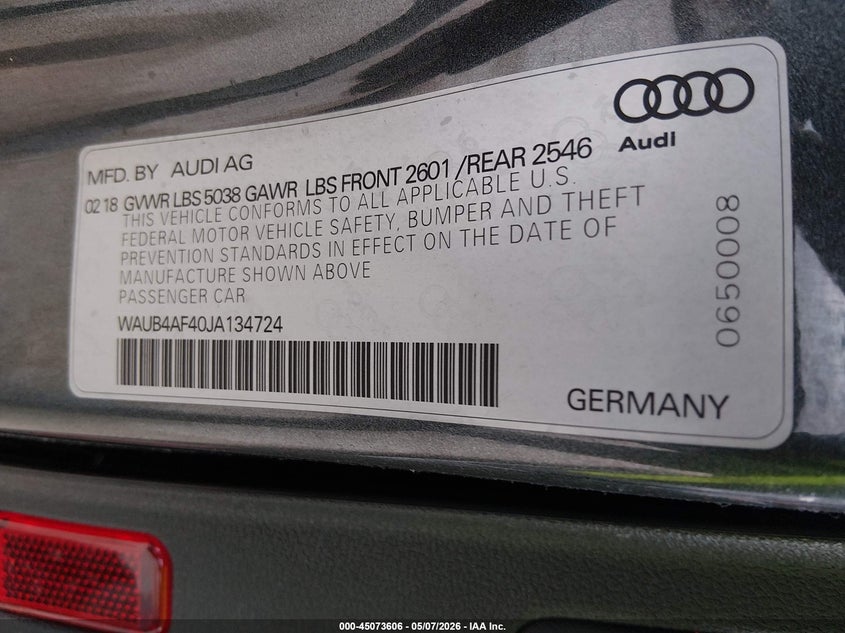 2018 Audi S4 3.0T Premium Plus VIN: WAUB4AF40JA134724 Lot: 45073606