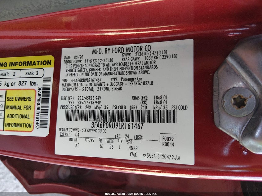 2020 FORD FUSION SEDAN 2.0L I-4 DOHC, VVT, 141HP