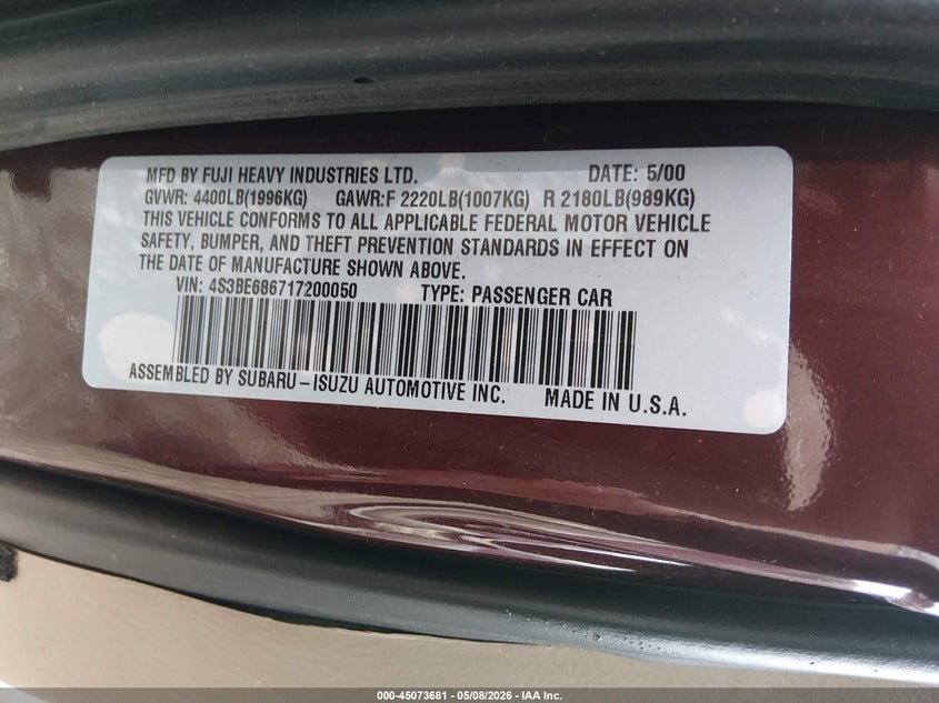 2001 Subaru Outback Limited VIN: 4S3BE686717200050 Lot: 45073681