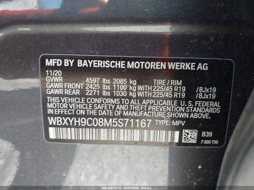 2021 BMW X2 Sdrive28I VIN: WBXYH9C08M5S71167 Lot: 45073716