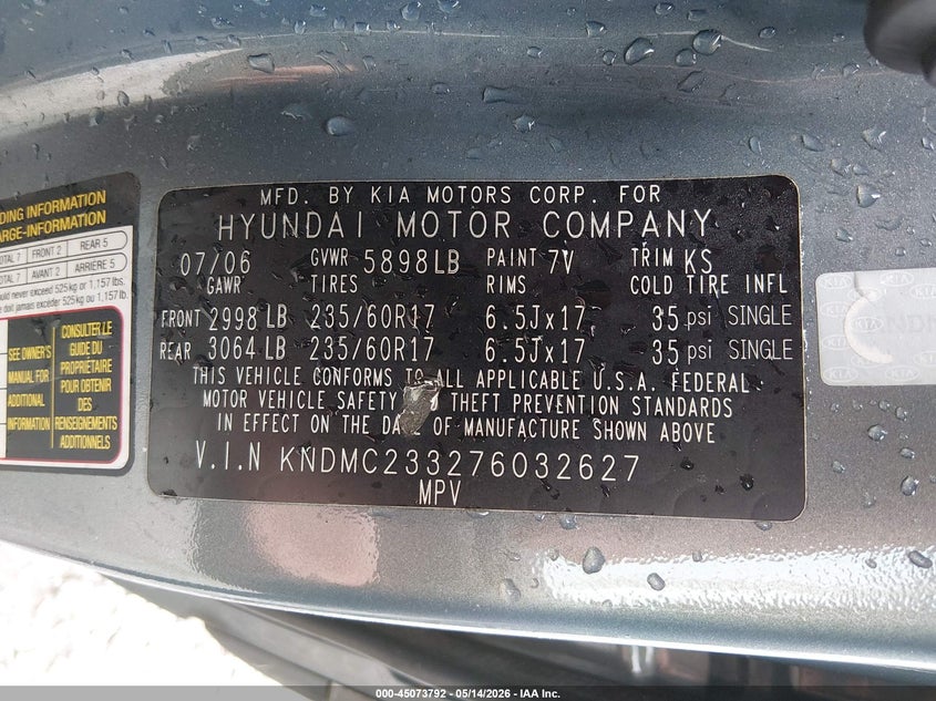 2007 Hyundai Entourage Gls/Limited/Se VIN: KNDMC233276032627 Lot: 45073792