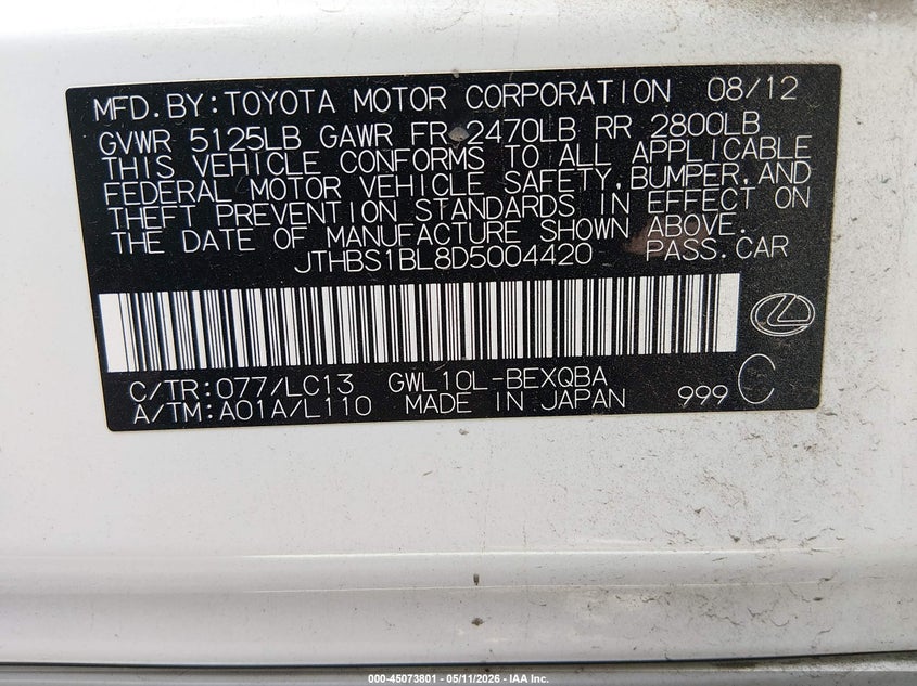 2013 Lexus Gs 450H VIN: JTHBS1BL8D5004420 Lot: 45073801